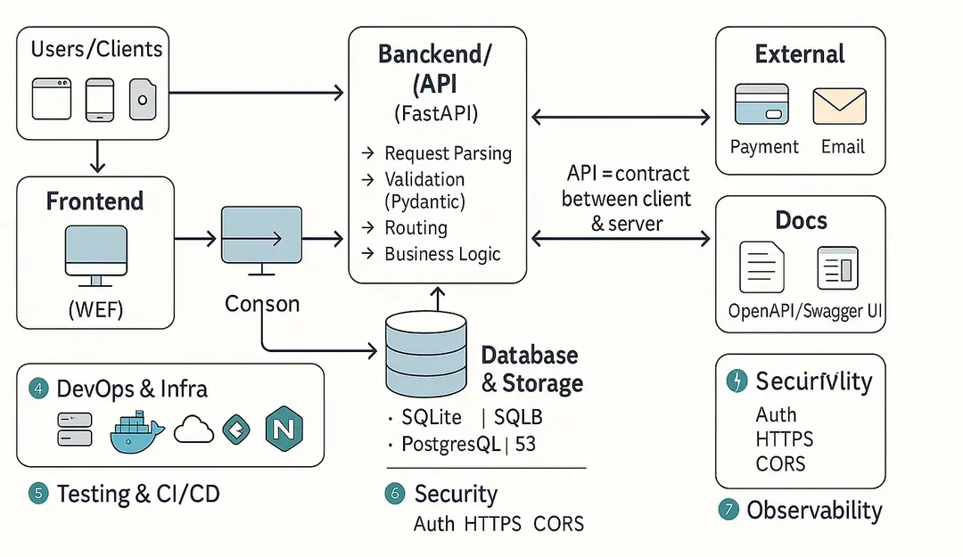 Diagram showing how FastAPI fits between frontend, backend, server, and database