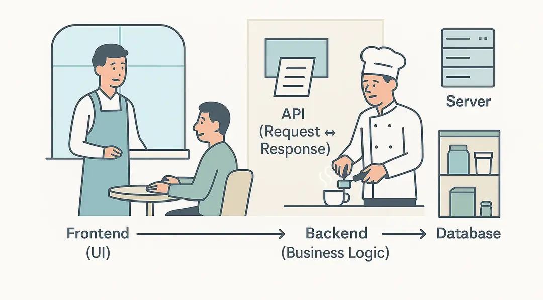 Infographic comparing frontend, backend, API, server, and database roles