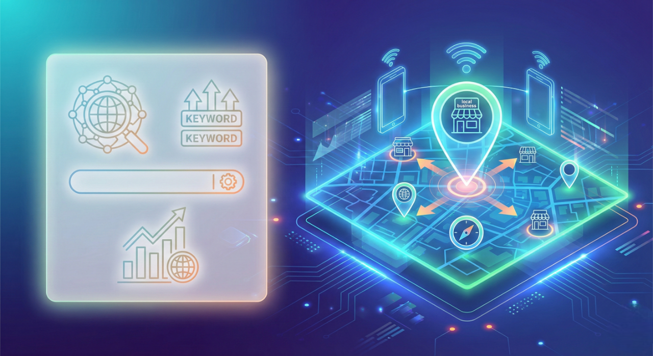 Laptop showing a GEO analytics dashboard for local search.